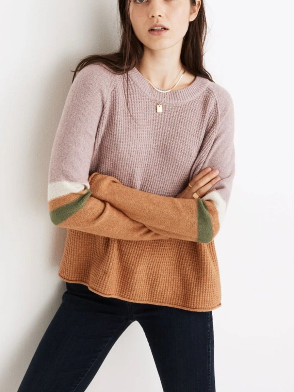 Madewell Striped Roll-Trim Waffle Pullover Sweater in Cotton-Merino Yarn